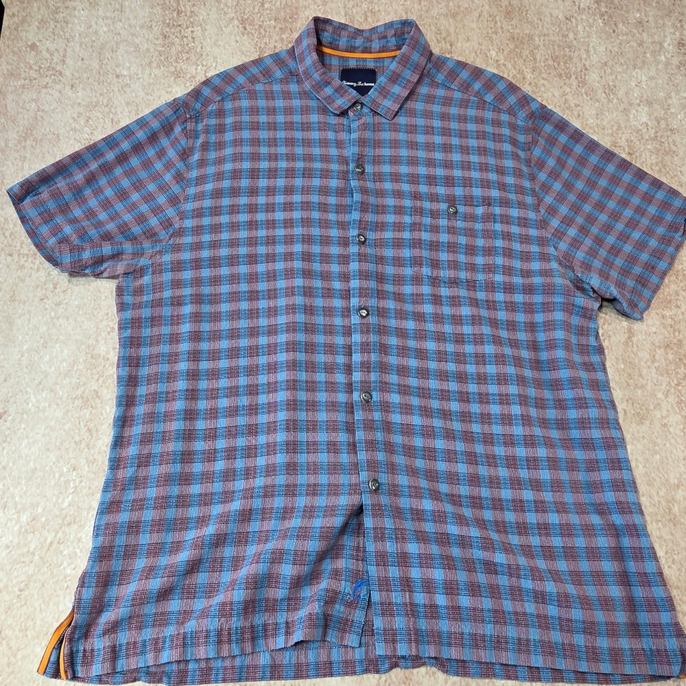 Tommy Bahama Mens Blue Red Plaid 100% Silk Short Sleeve Button Down Shirt Large